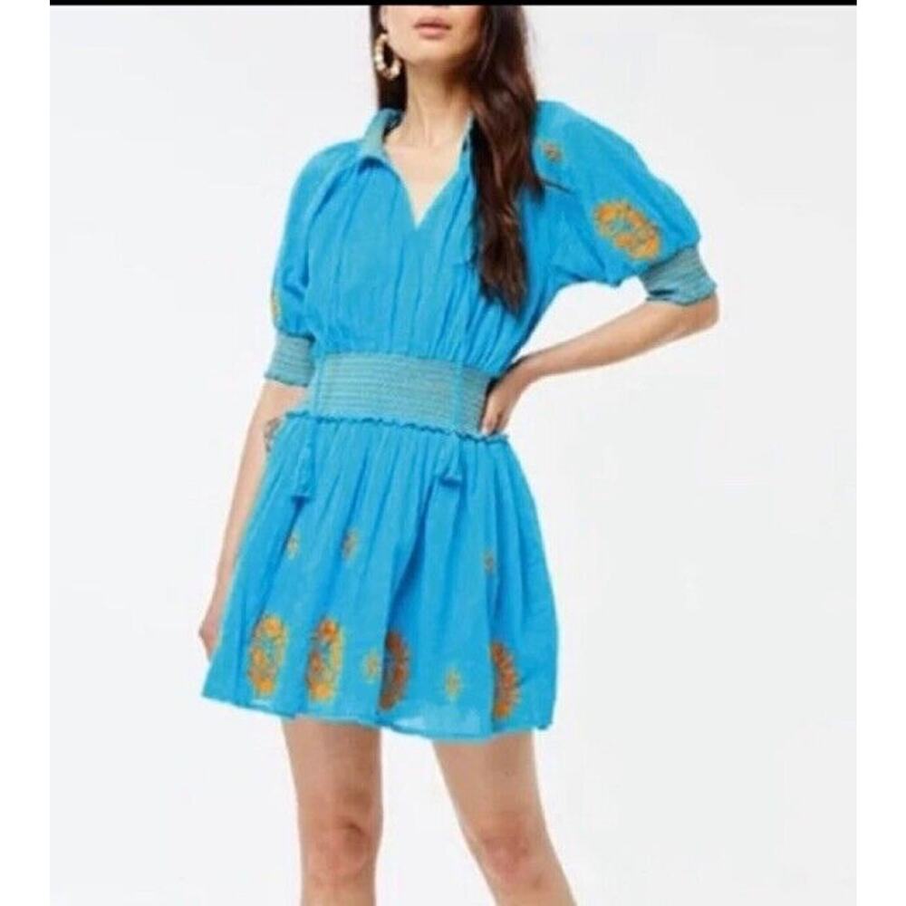 Roller Rabbit Embroidered Tunic Mini Dress Womens Size Large Blue Orange Boho